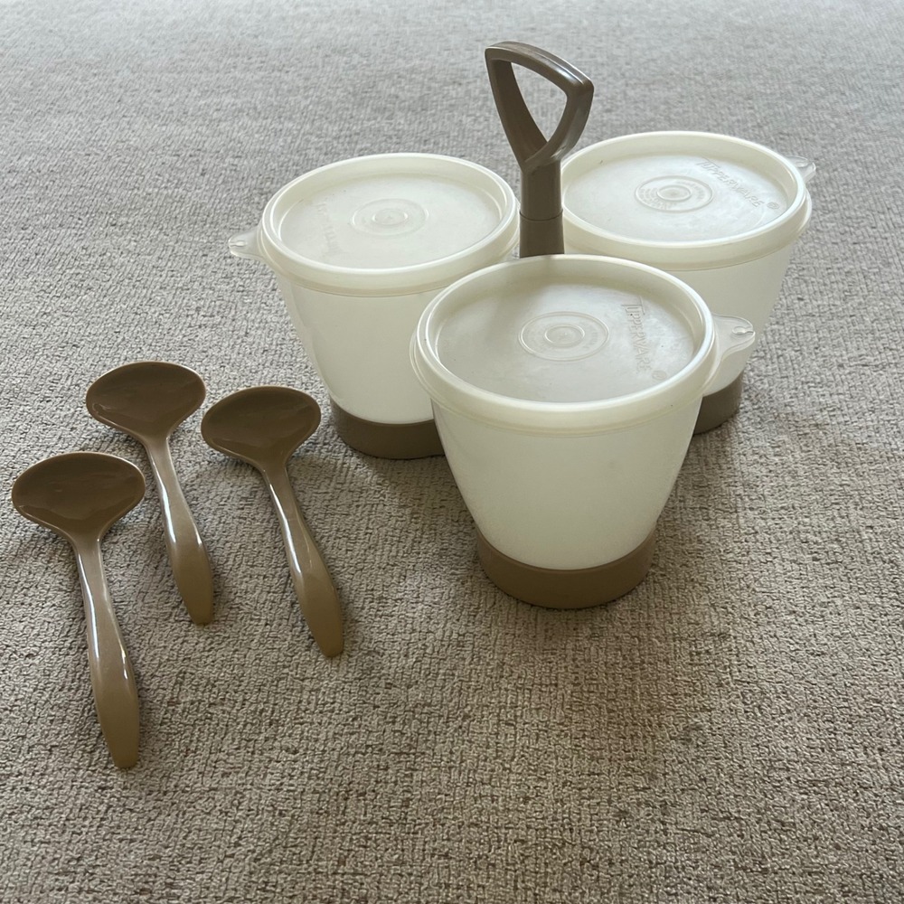 Vintage Tupperware Condiment Caddy Server Cream Tan 757-3 with Lids and Ladles